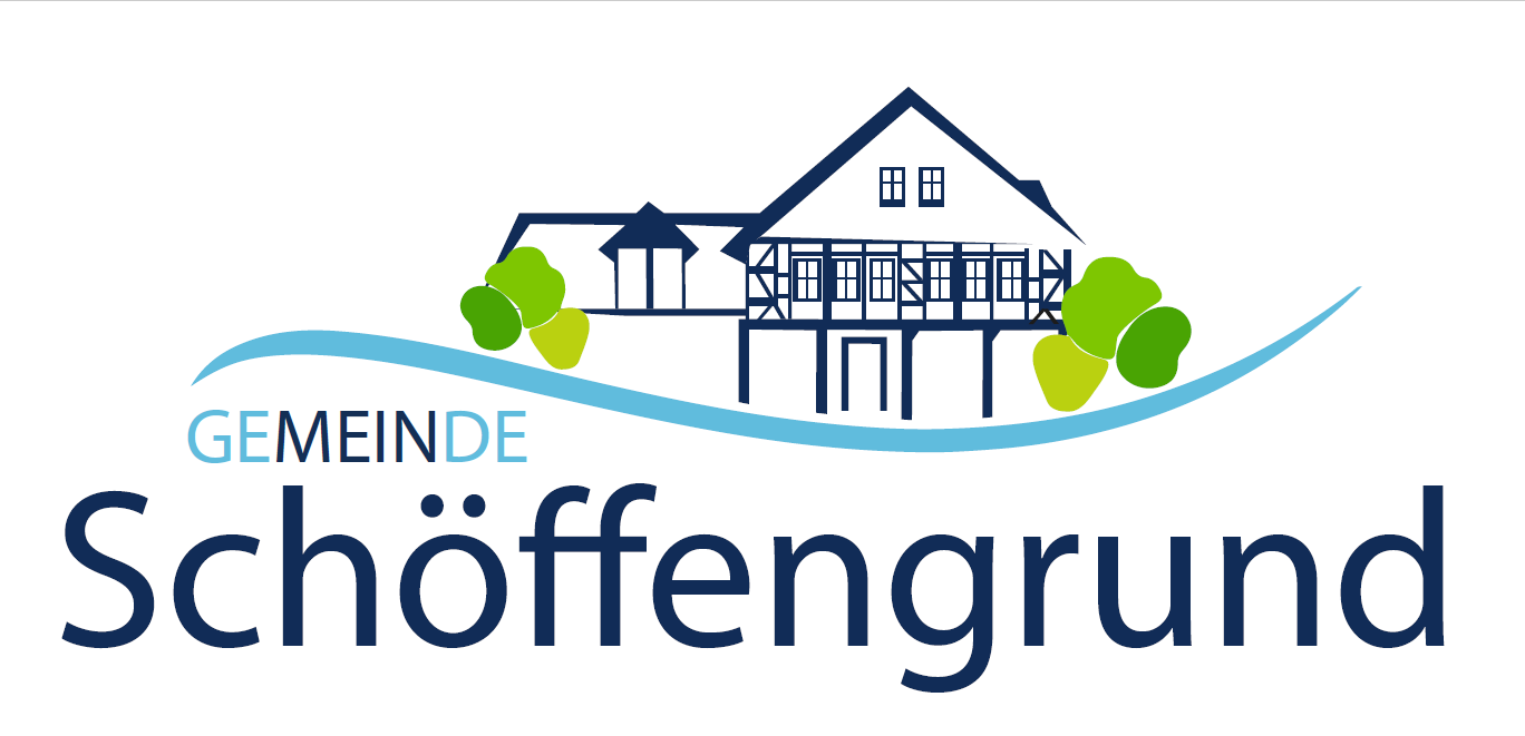 Das Logo der Gemeinde Schöffengrund. Ein gezeichnete Rathaus mit Büschen und einer blauen Welle