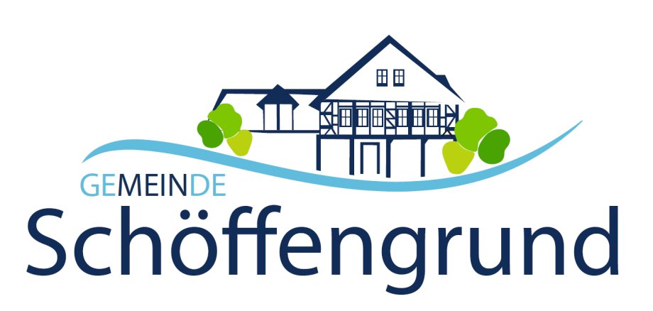 Das Logo der Gemeinde Schöffengrund. Ein gezeichnete Rathaus mit Büschen und einer blauen Welle 